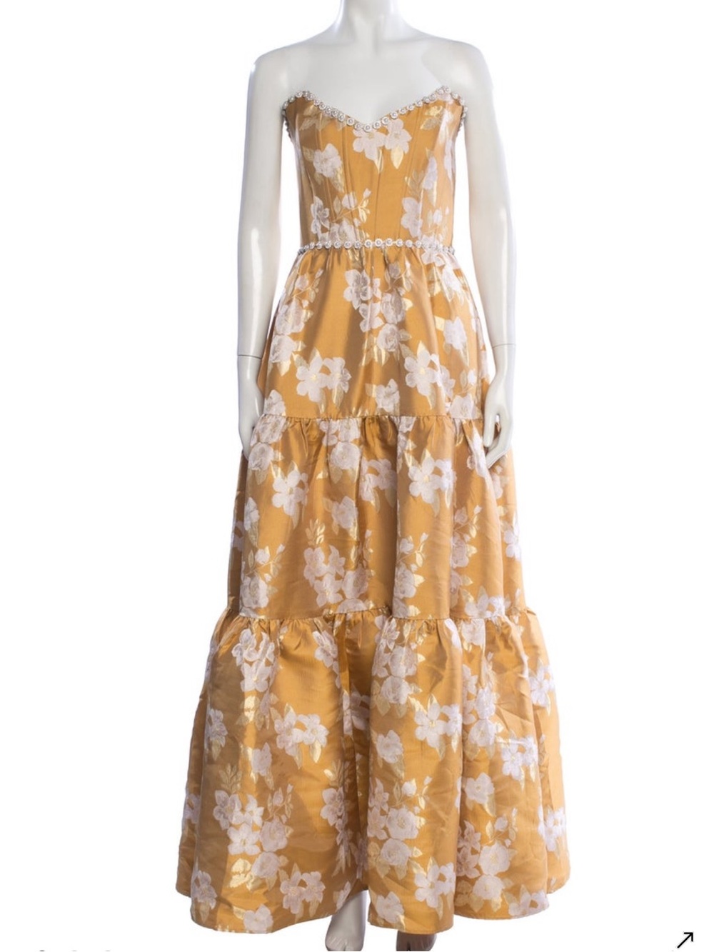 V. Chapman Gold Strapless Floral Tiered Maxi Dress
